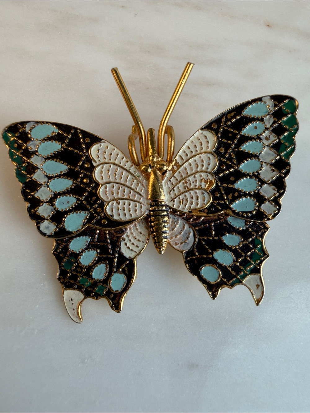 Vintage Gold tone Butterfly Brooch with Black, White and Teal Enamel